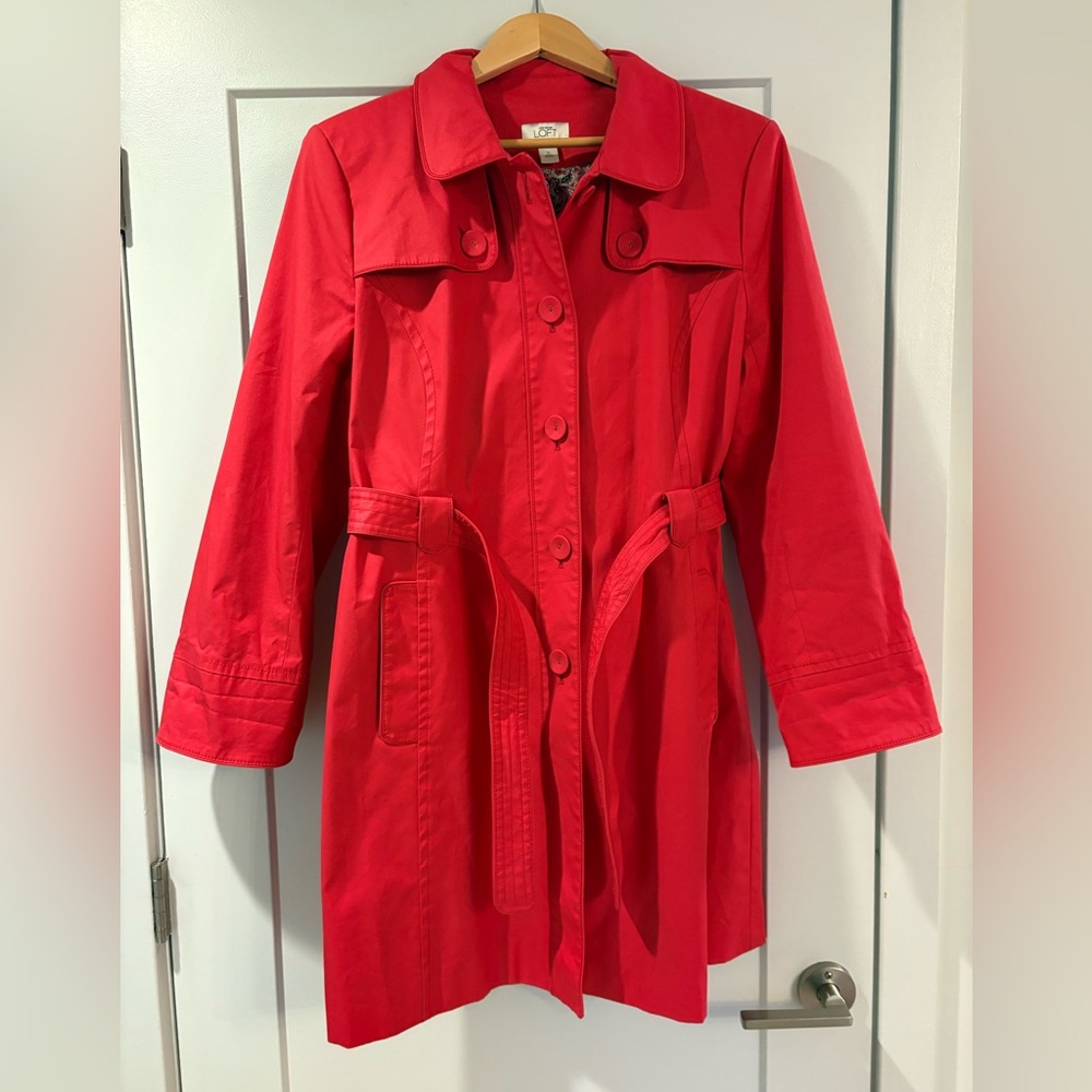 LOFT Bright Red Trench Coat Heavy Duty Raincoat